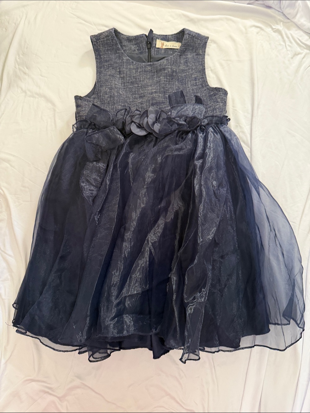 Sleeveless Navy Tulle Flower-Appliqué Girls' Dress